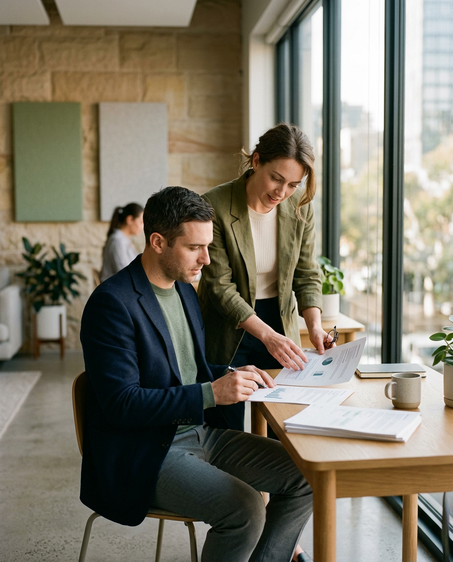 Two analysts reviewing a property file together