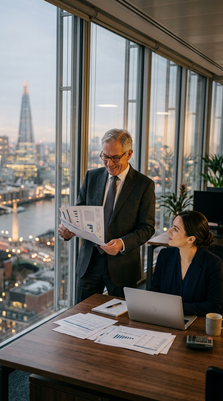 Credit analysts reviewing a risk report in a high-rise office