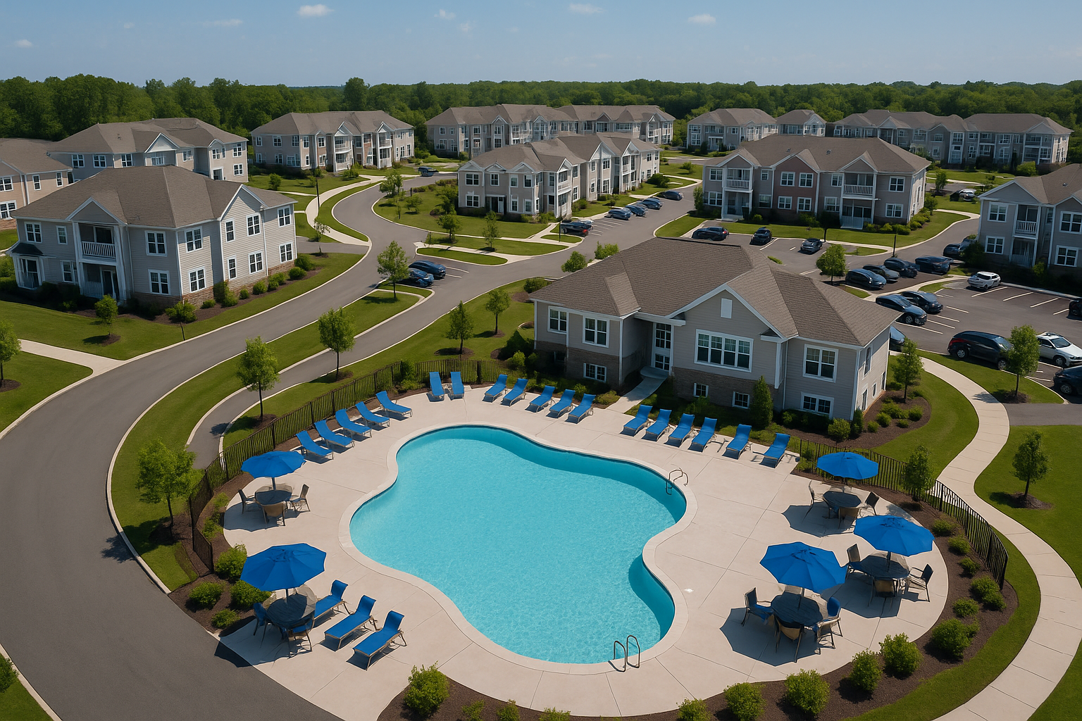Aerial view of residential community with swimming pool
